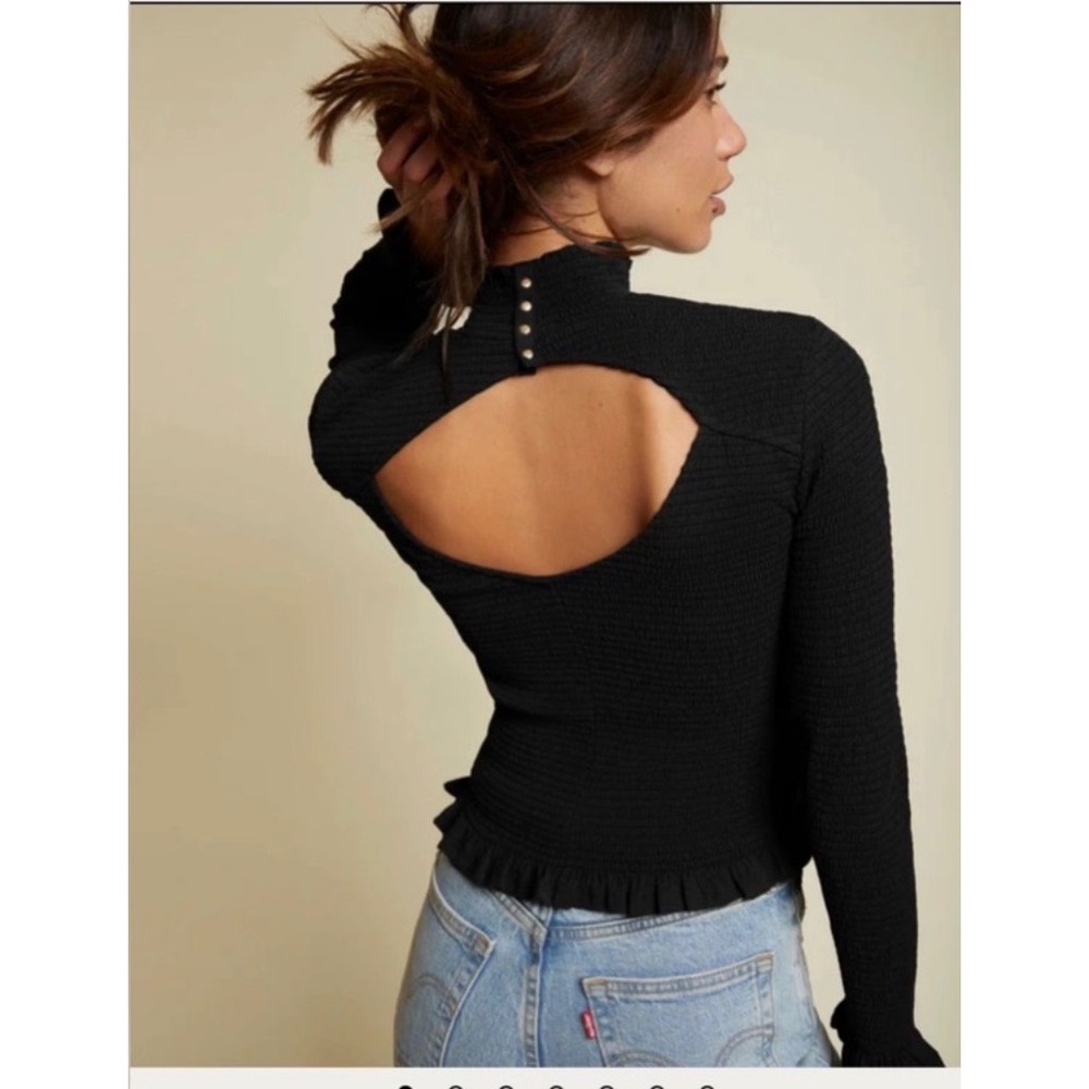 Nation LTD Yael Open Back Mock Neck Smocked Top Black M Stretch Parisian‎